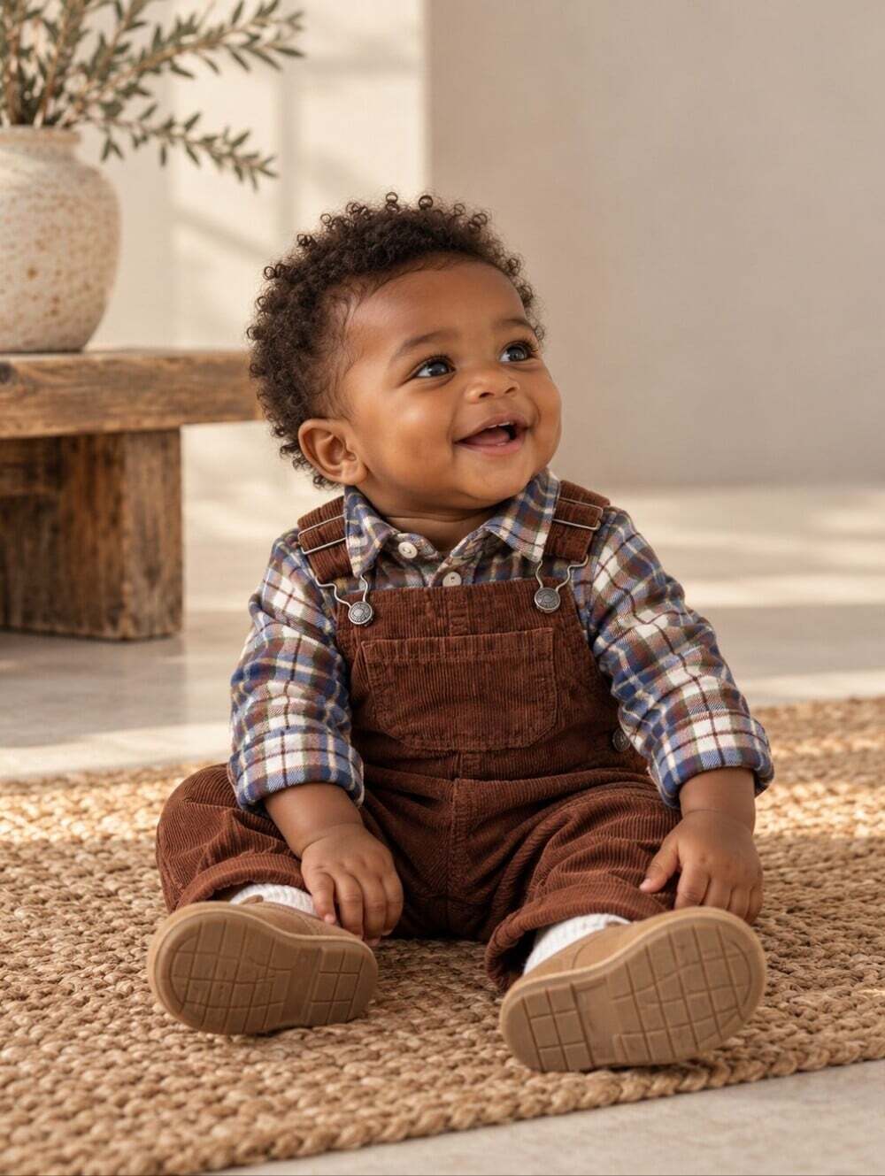 Carter's Baby Boy Brown Corduroy Overalls Plaid Shirt 2 Piece Set 6M